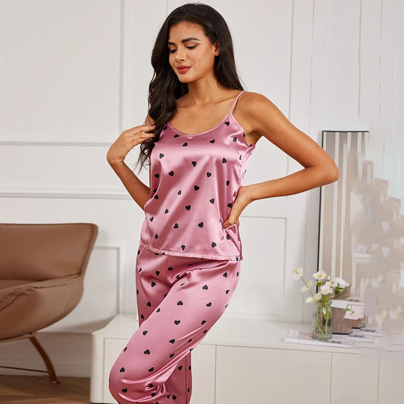 Pyjama Satin  Femme rose à motif coeur 